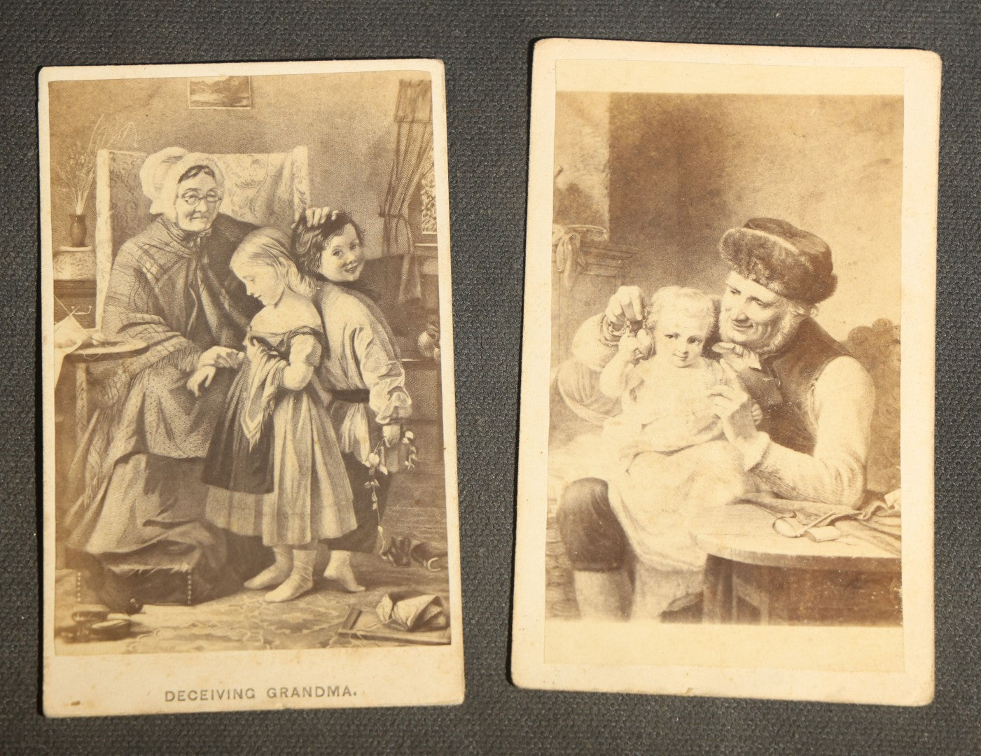 Grouping of 10 Antique Carte De Visite C.D.V. Photographs, Portrait Studies of Men, Women, and Children, Including Two Illustrated Filler Cards