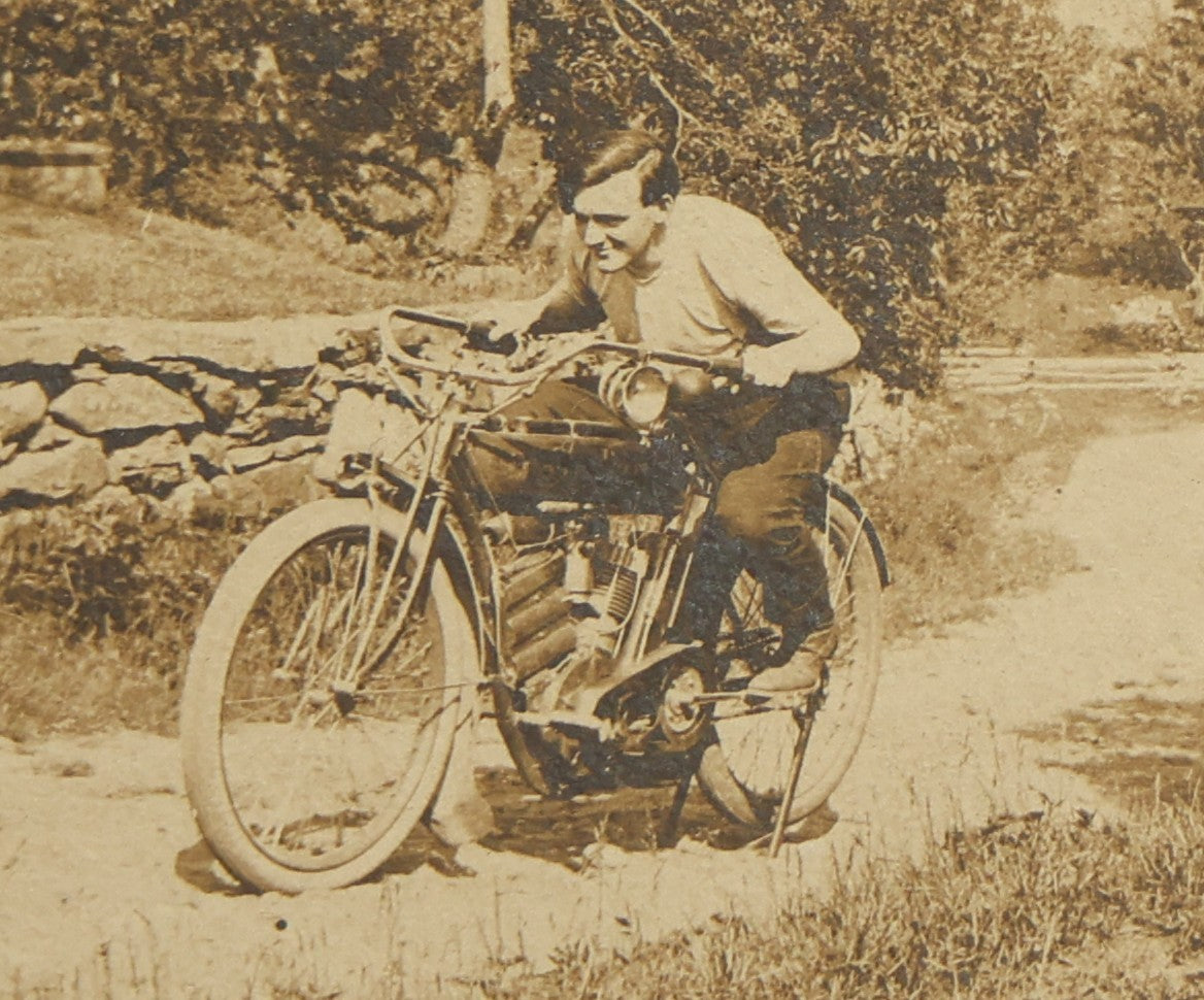 Antique Board-Mounted Photograph of a Young Man Astride an Early Indian Motorcycle on a Rural Road