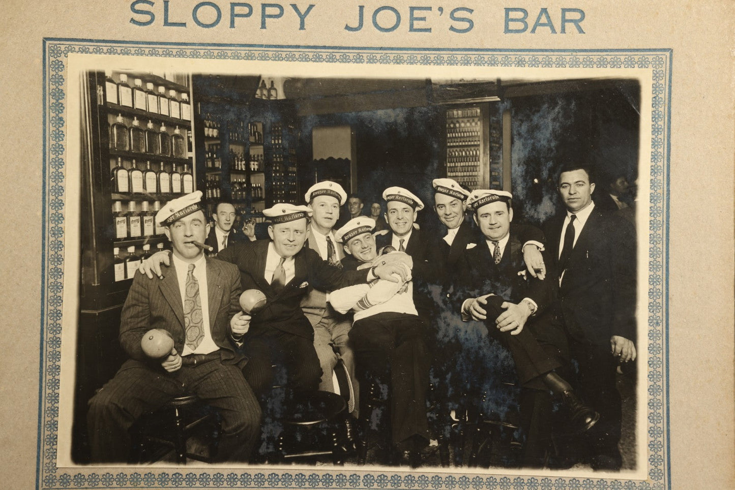 Vintage Sloppy Joe's Bar Havana Cuba Souvenir Photograph, Group of German Naval Sailors from S.M.S. Karlsruhe in Port, with Maracas at the Bar