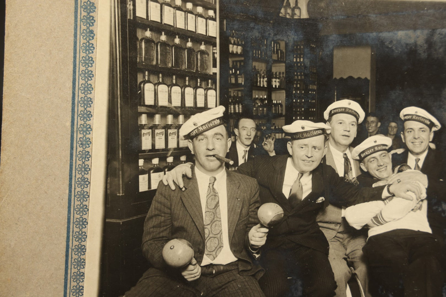 Vintage Sloppy Joe's Bar Havana Cuba Souvenir Photograph, Group of German Naval Sailors from S.M.S. Karlsruhe in Port, with Maracas at the Bar