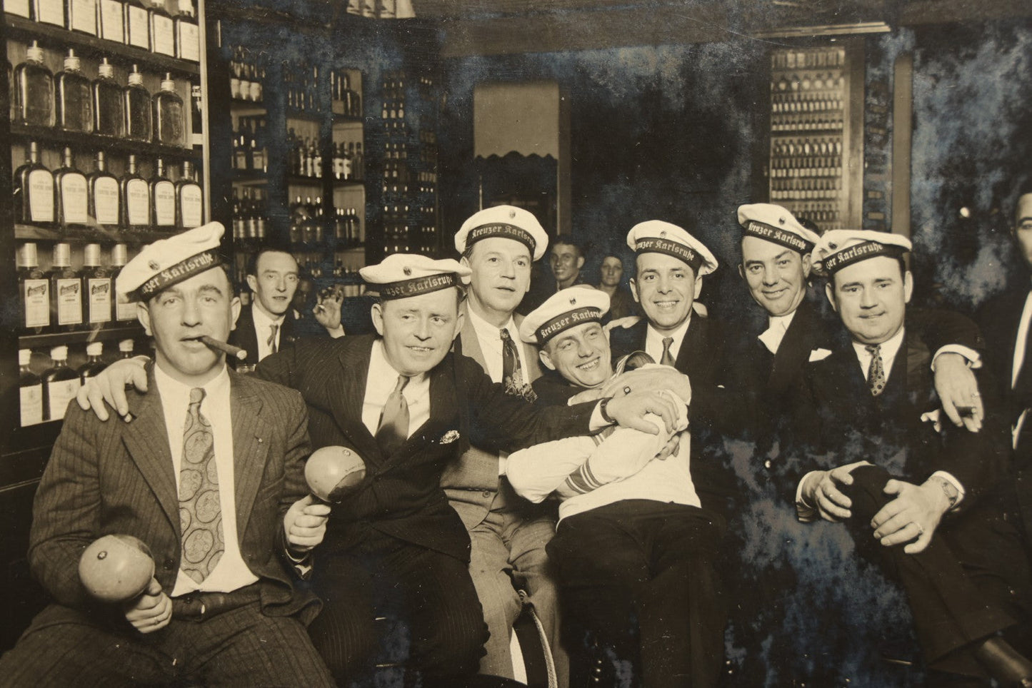 Vintage Sloppy Joe's Bar Havana Cuba Souvenir Photograph, Group of German Naval Sailors from S.M.S. Karlsruhe in Port, with Maracas at the Bar
