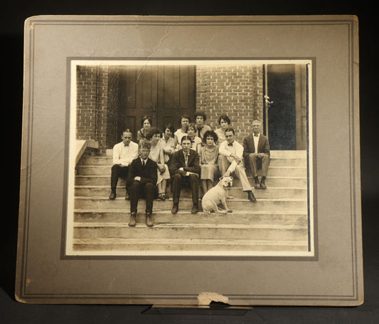 Antique Board-Mounted Photograph of a High School Class Group on Building Steps with Bulldog Mascot