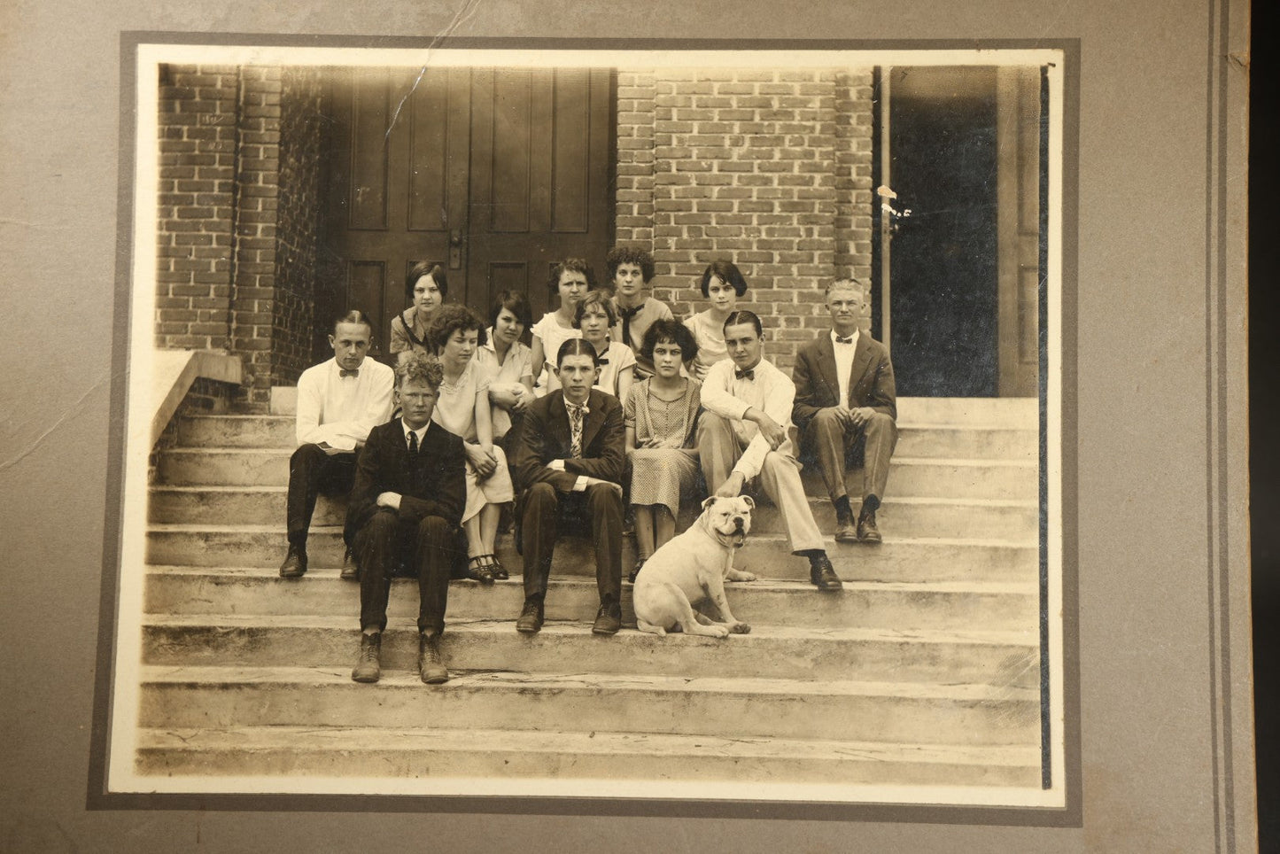 Antique Board-Mounted Photograph of a High School Class Group on Building Steps with Bulldog Mascot