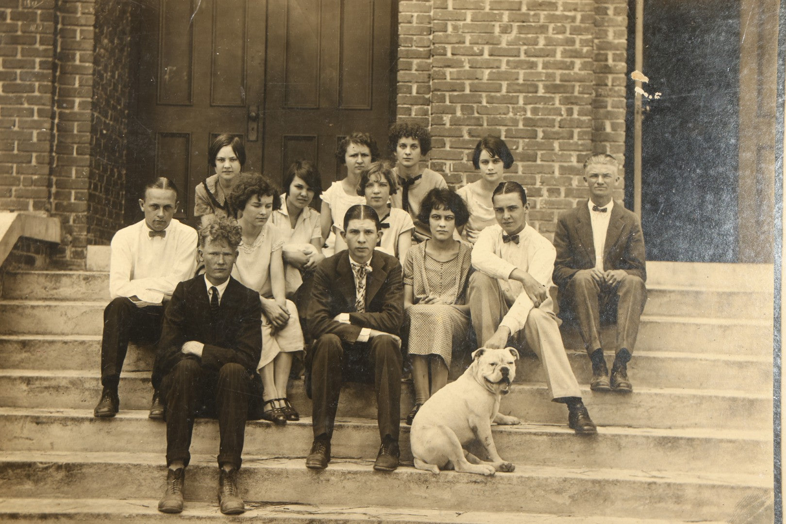 Antique Board-Mounted Photograph of a High School Class Group on Building Steps with Bulldog Mascot