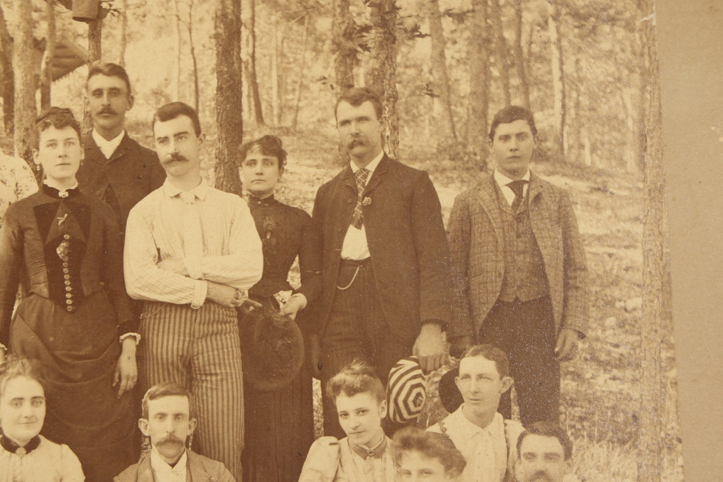 Antique Board-Mounted Photograph of a Large Group Gathered Outdoors in a Wooded Setting, Men and Women in Victorian Dress