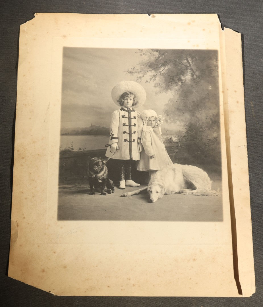 Grouping of Nine Antique Photographs, Domestic and Outdoor Scenes Including Horse-Drawn Sleigh, Children with Dogs, Women at Home, and Horse in Snow