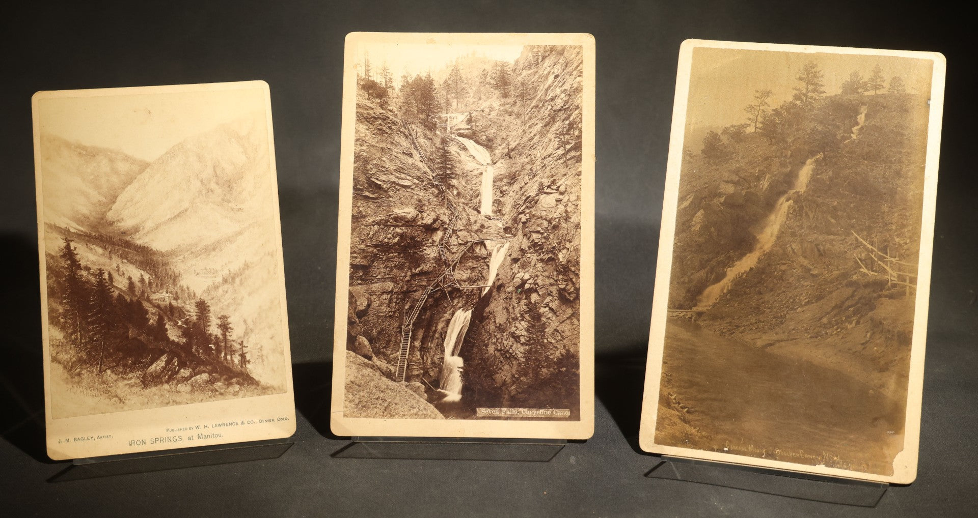 Trio of Antique Colorado Scenery Cabinet Card Photographs Including Seven Falls Cheyenne Canon, Cascade in Boulder Canon, and Iron Springs at Manitou from Bagley's Art Series, Annotated by Dr. and Mrs. H. H. Luce, 1890-1891