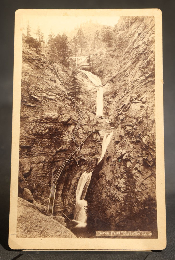 Trio of Antique Colorado Scenery Cabinet Card Photographs Including Seven Falls Cheyenne Canon, Cascade in Boulder Canon, and Iron Springs at Manitou from Bagley's Art Series, Annotated by Dr. and Mrs. H. H. Luce, 1890-1891