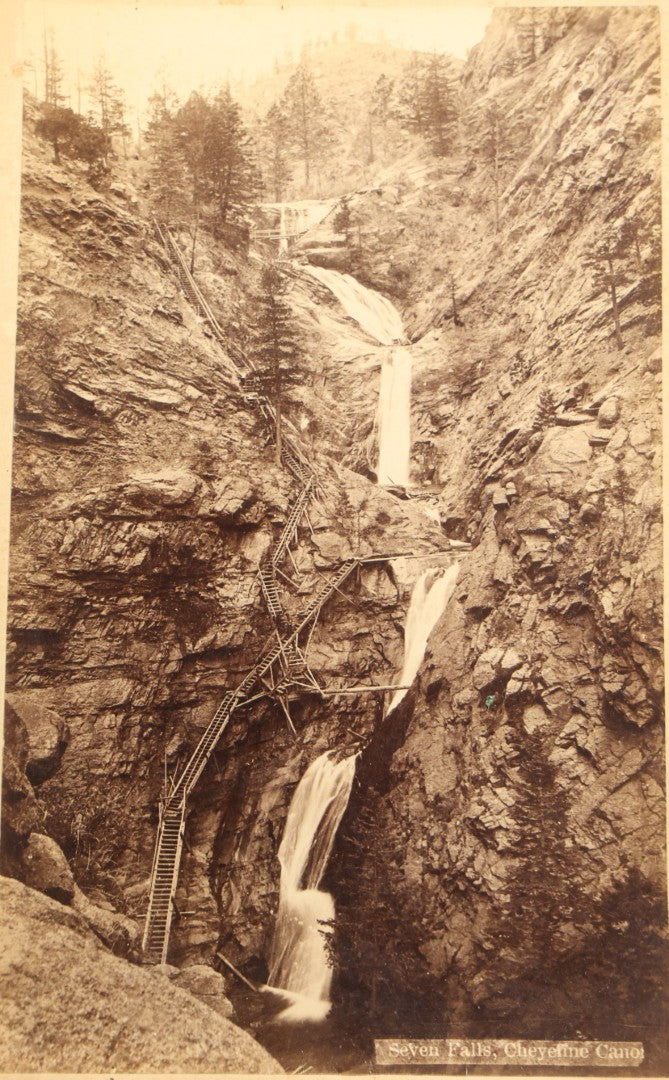 Trio of Antique Colorado Scenery Cabinet Card Photographs Including Seven Falls Cheyenne Canon, Cascade in Boulder Canon, and Iron Springs at Manitou from Bagley's Art Series, Annotated by Dr. and Mrs. H. H. Luce, 1890-1891