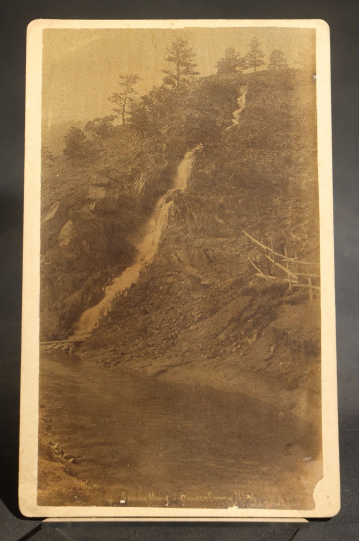 Trio of Antique Colorado Scenery Cabinet Card Photographs Including Seven Falls Cheyenne Canon, Cascade in Boulder Canon, and Iron Springs at Manitou from Bagley's Art Series, Annotated by Dr. and Mrs. H. H. Luce, 1890-1891