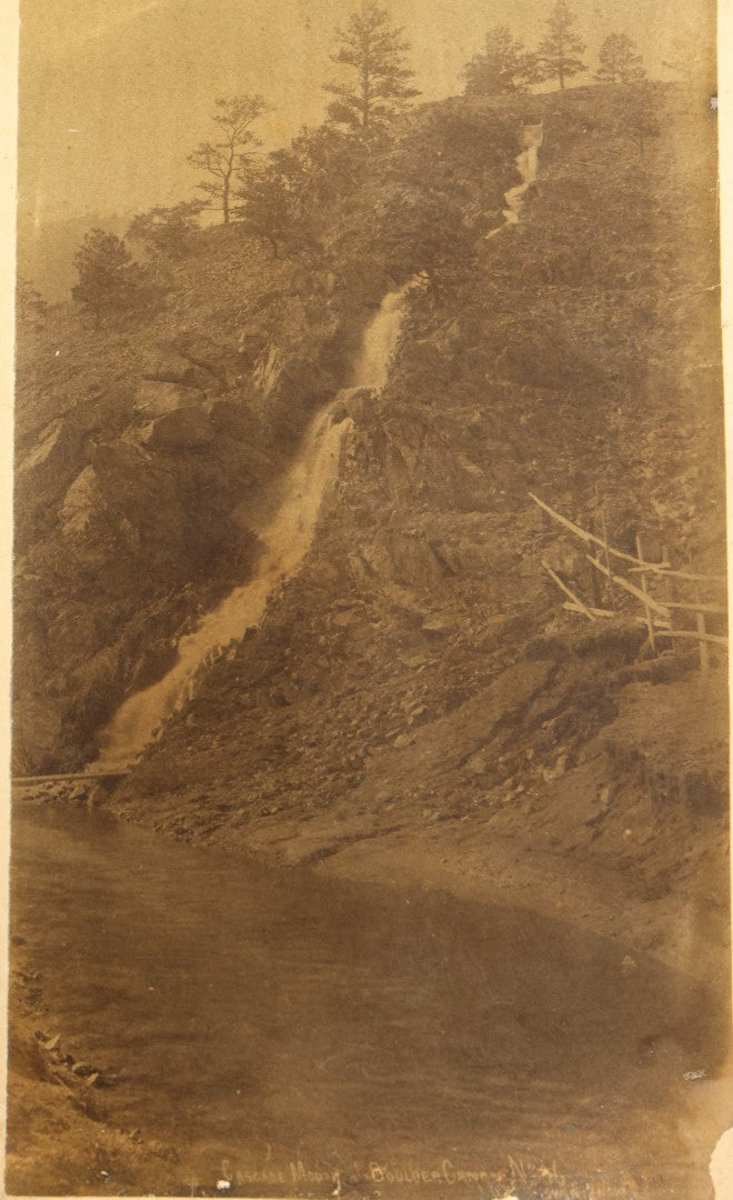 Trio of Antique Colorado Scenery Cabinet Card Photographs Including Seven Falls Cheyenne Canon, Cascade in Boulder Canon, and Iron Springs at Manitou from Bagley's Art Series, Annotated by Dr. and Mrs. H. H. Luce, 1890-1891