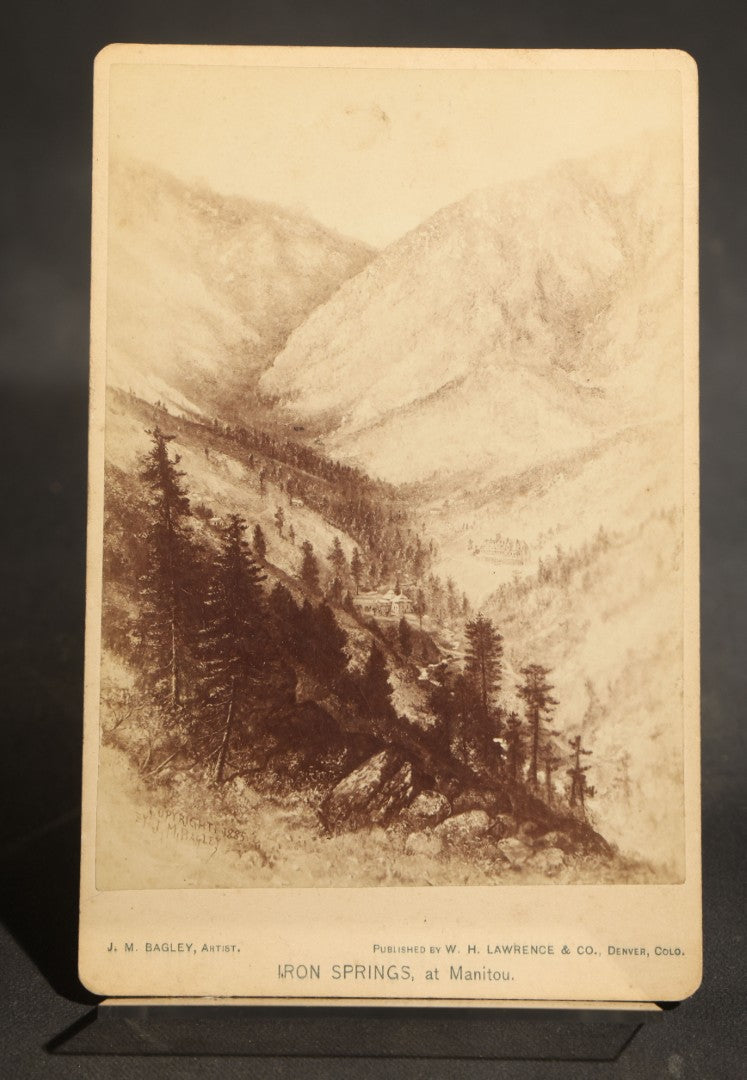 Trio of Antique Colorado Scenery Cabinet Card Photographs Including Seven Falls Cheyenne Canon, Cascade in Boulder Canon, and Iron Springs at Manitou from Bagley's Art Series, Annotated by Dr. and Mrs. H. H. Luce, 1890-1891