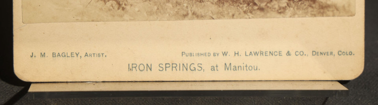 Trio of Antique Colorado Scenery Cabinet Card Photographs Including Seven Falls Cheyenne Canon, Cascade in Boulder Canon, and Iron Springs at Manitou from Bagley's Art Series, Annotated by Dr. and Mrs. H. H. Luce, 1890-1891