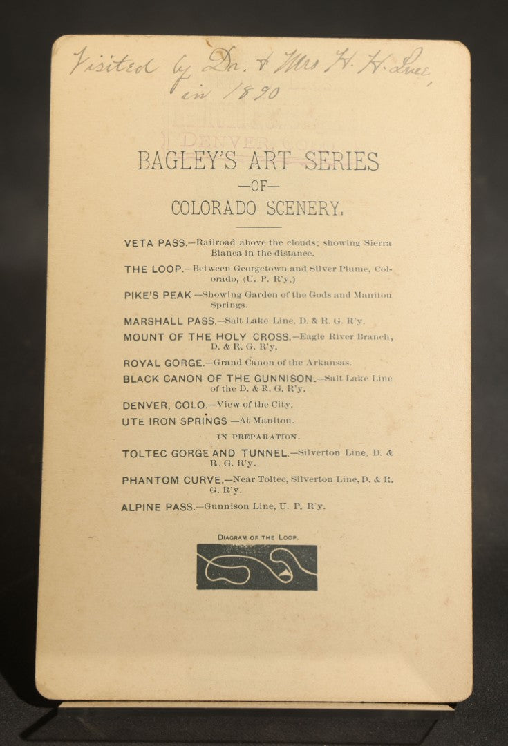 Trio of Antique Colorado Scenery Cabinet Card Photographs Including Seven Falls Cheyenne Canon, Cascade in Boulder Canon, and Iron Springs at Manitou from Bagley's Art Series, Annotated by Dr. and Mrs. H. H. Luce, 1890-1891