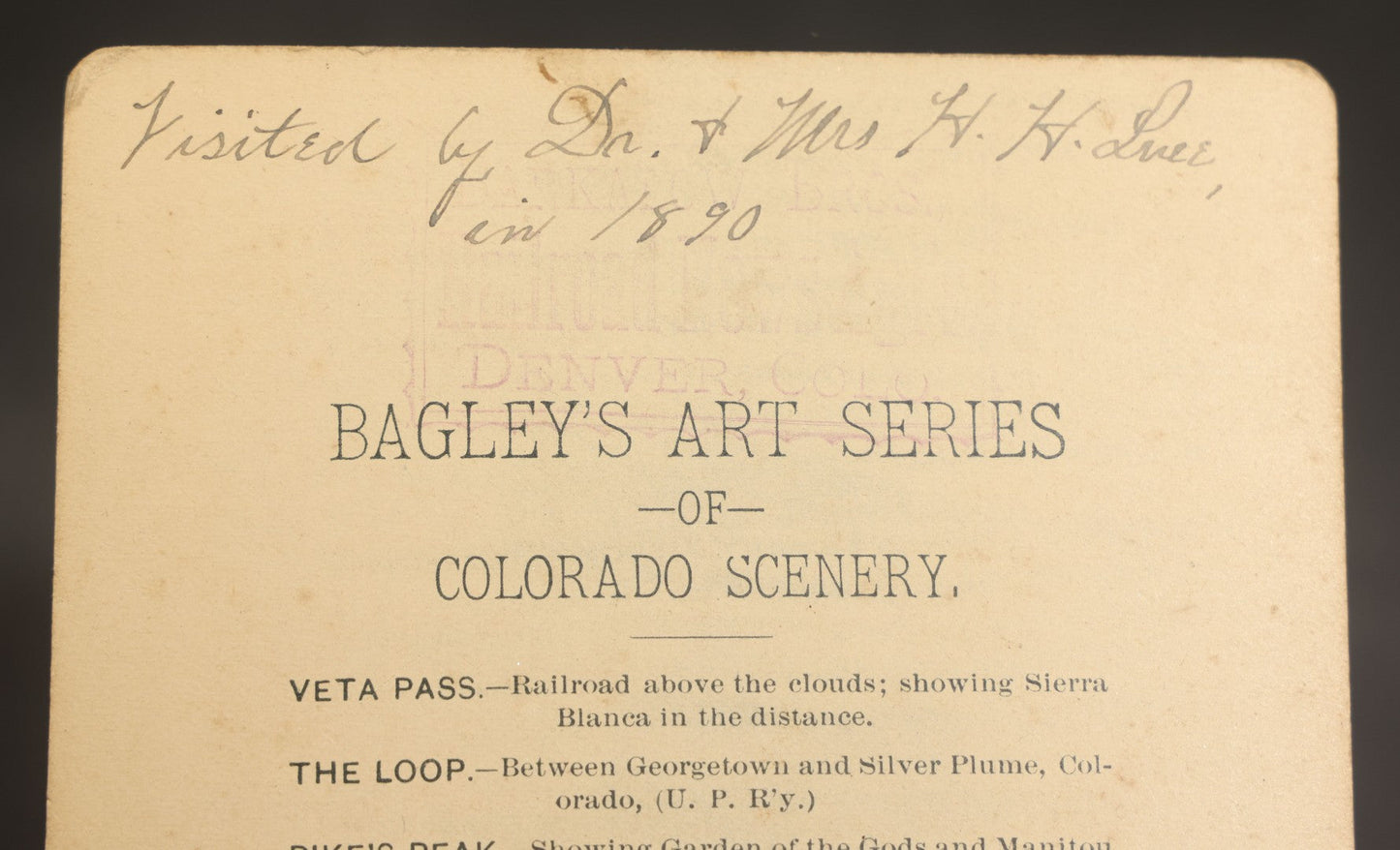 Trio of Antique Colorado Scenery Cabinet Card Photographs Including Seven Falls Cheyenne Canon, Cascade in Boulder Canon, and Iron Springs at Manitou from Bagley's Art Series, Annotated by Dr. and Mrs. H. H. Luce, 1890-1891