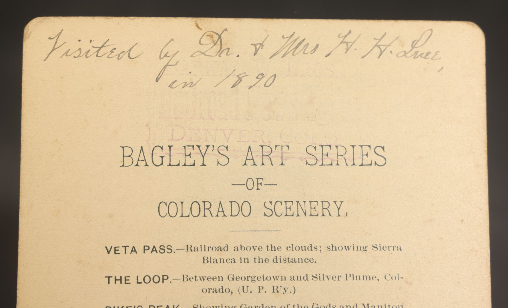Trio of Antique Colorado Scenery Cabinet Card Photographs Including Seven Falls Cheyenne Canon, Cascade in Boulder Canon, and Iron Springs at Manitou from Bagley's Art Series, Annotated by Dr. and Mrs. H. H. Luce, 1890-1891