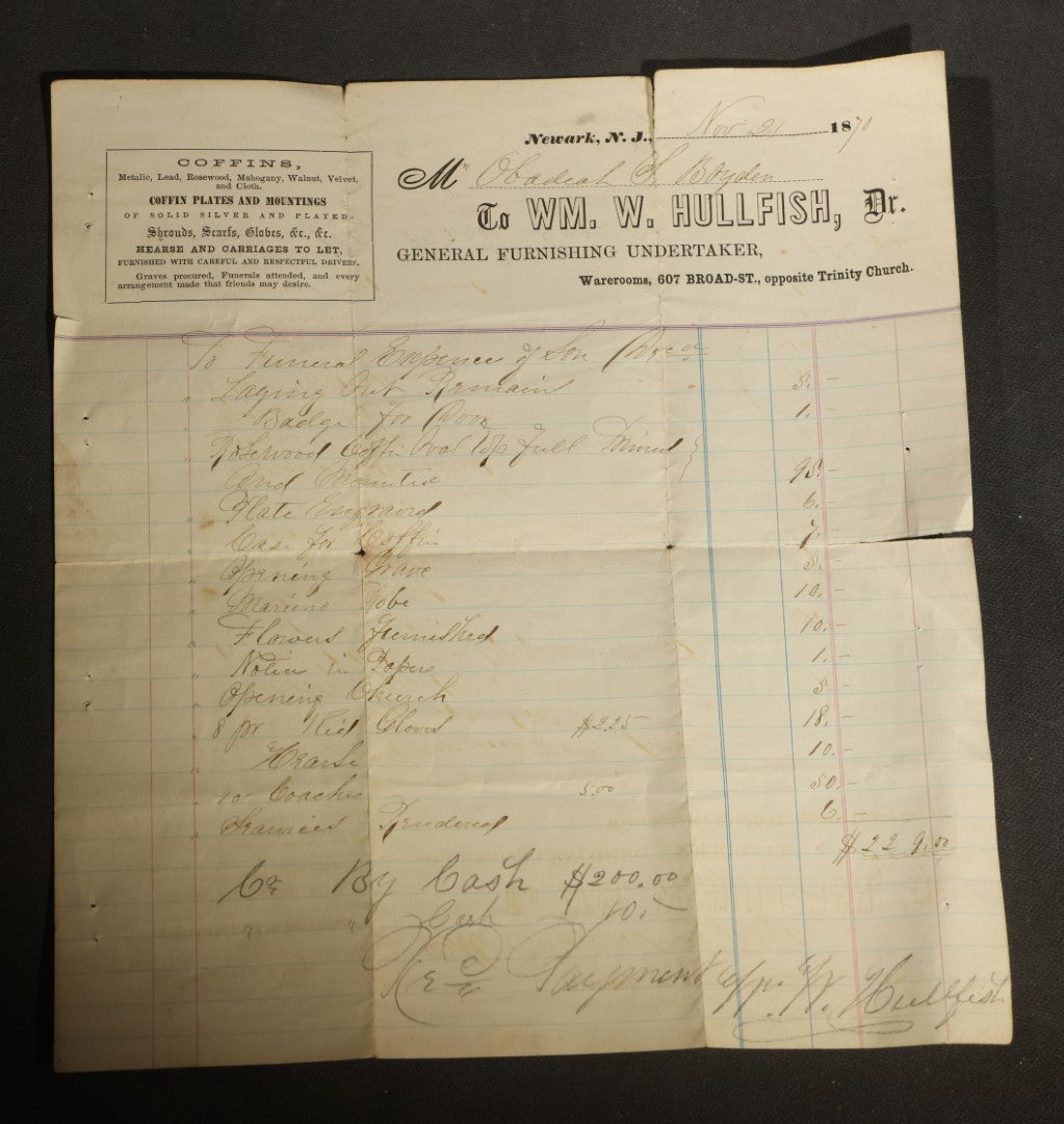 Trio of Antique Funeral and Burial Trade Receipts Including Wm. W. Hullfish General Furnishing Undertaker Newark, New Jersey, C. O. Tibbetts Superintendent of Burials Augusta, Maine, and L. Holbrook & Son Funeral Directors Whitman, Massachusetts