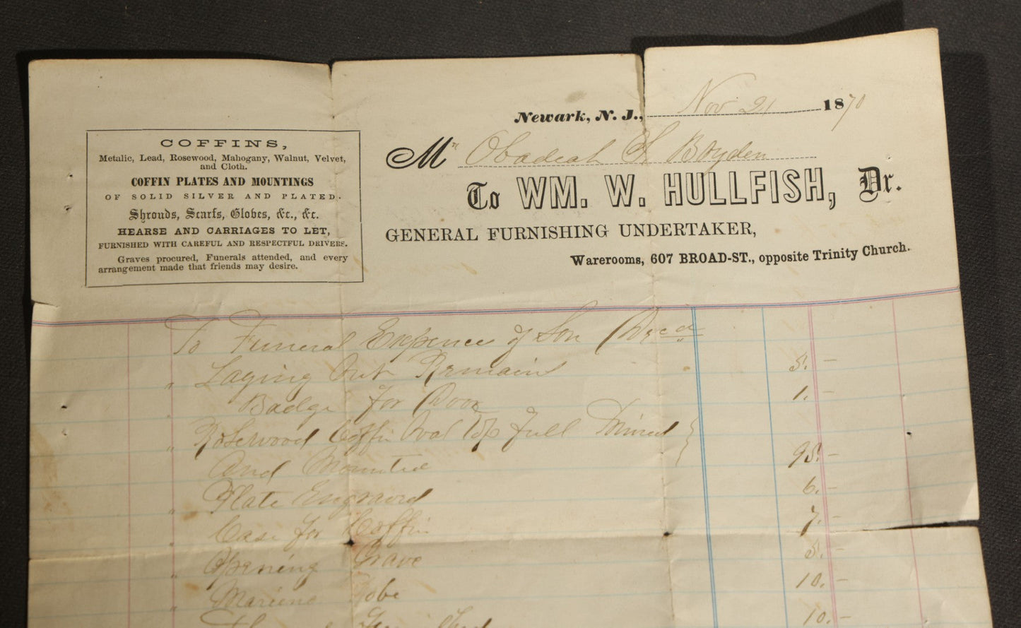 Trio of Antique Funeral and Burial Trade Receipts Including Wm. W. Hullfish General Furnishing Undertaker Newark, New Jersey, C. O. Tibbetts Superintendent of Burials Augusta, Maine, and L. Holbrook & Son Funeral Directors Whitman, Massachusetts