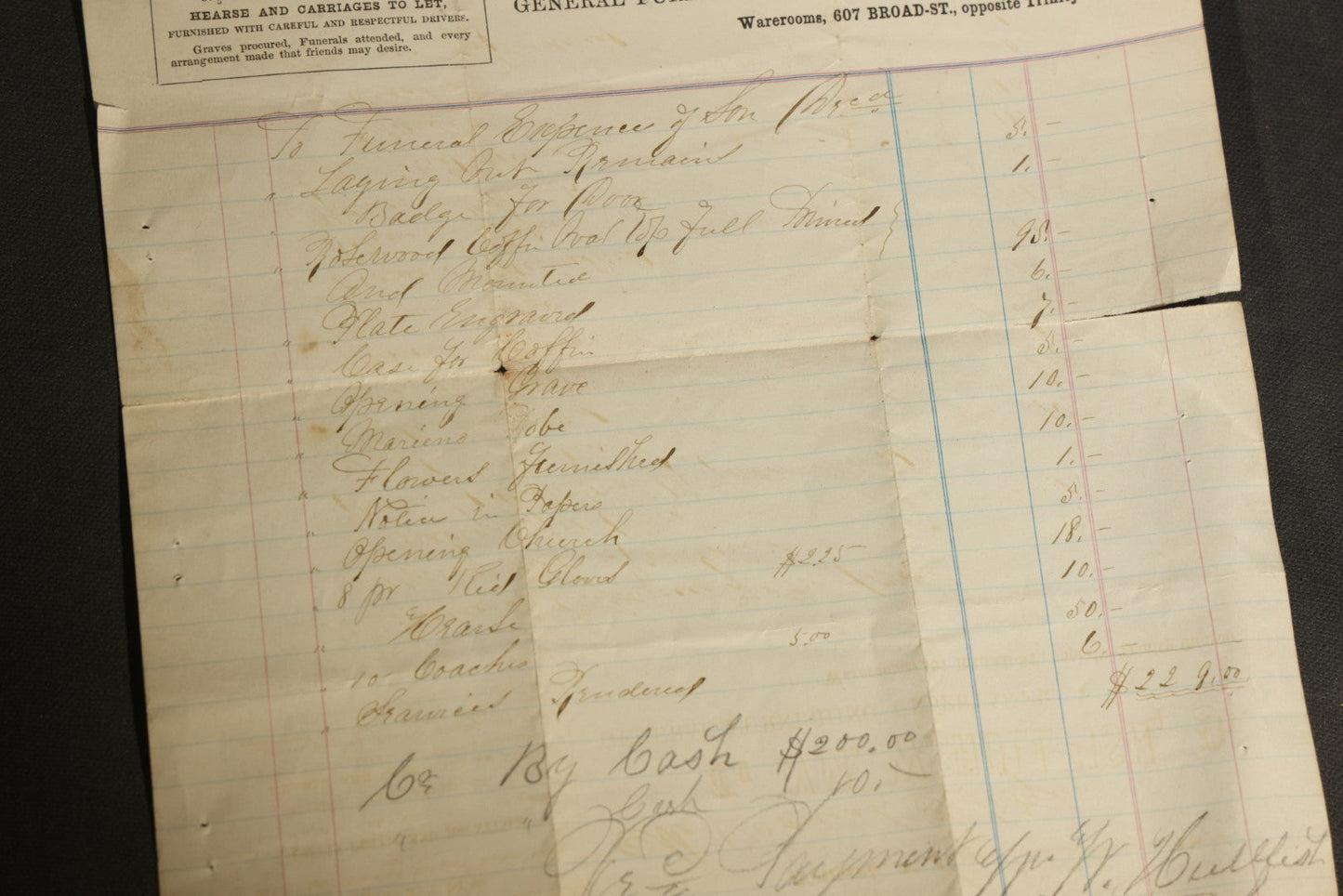 Trio of Antique Funeral and Burial Trade Receipts Including Wm. W. Hullfish General Furnishing Undertaker Newark, New Jersey, C. O. Tibbetts Superintendent of Burials Augusta, Maine, and L. Holbrook & Son Funeral Directors Whitman, Massachusetts