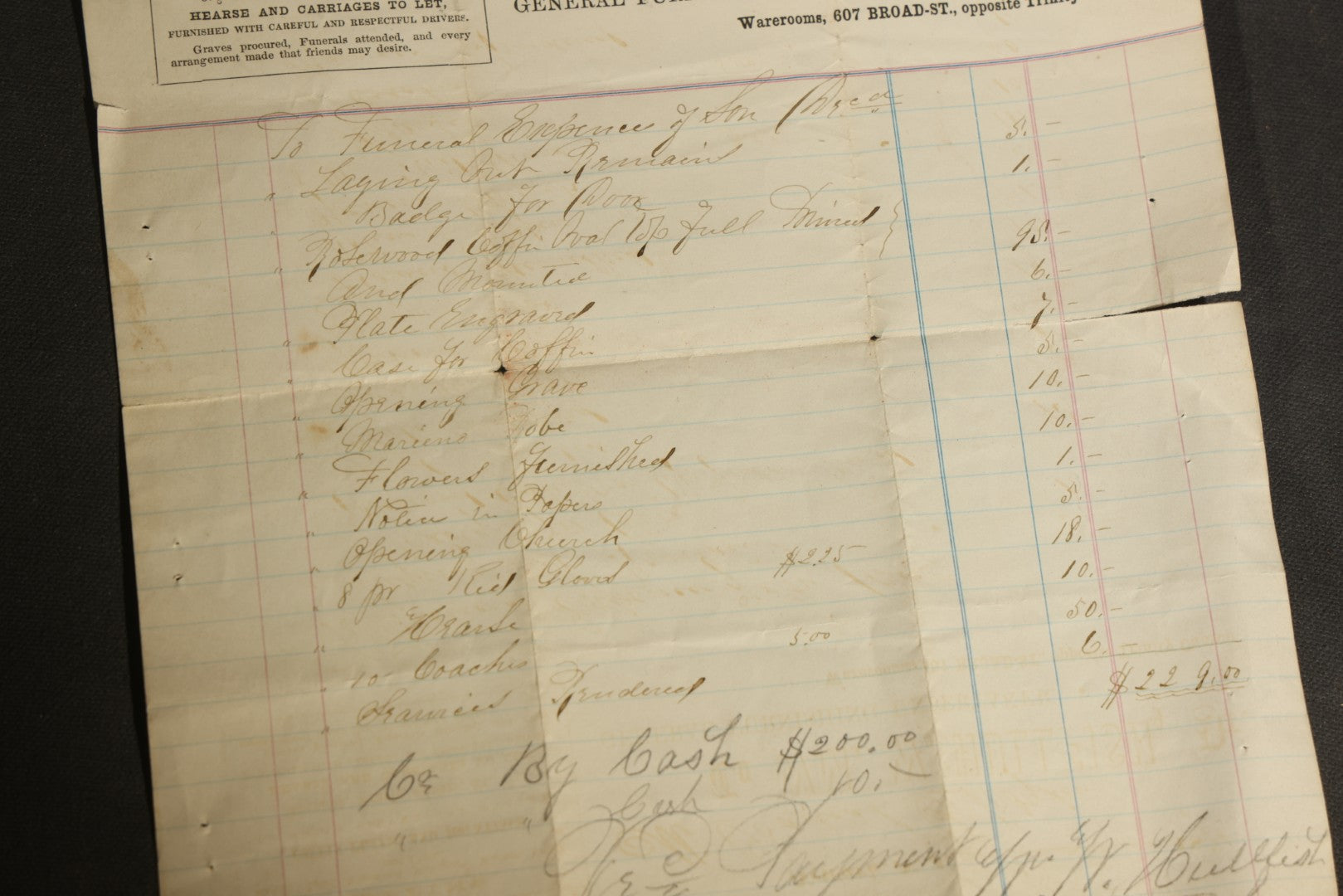 Trio of Antique Funeral and Burial Trade Receipts Including Wm. W. Hullfish General Furnishing Undertaker Newark, New Jersey, C. O. Tibbetts Superintendent of Burials Augusta, Maine, and L. Holbrook & Son Funeral Directors Whitman, Massachusetts