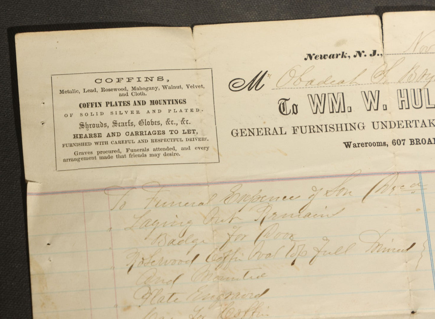 Trio of Antique Funeral and Burial Trade Receipts Including Wm. W. Hullfish General Furnishing Undertaker Newark, New Jersey, C. O. Tibbetts Superintendent of Burials Augusta, Maine, and L. Holbrook & Son Funeral Directors Whitman, Massachusetts