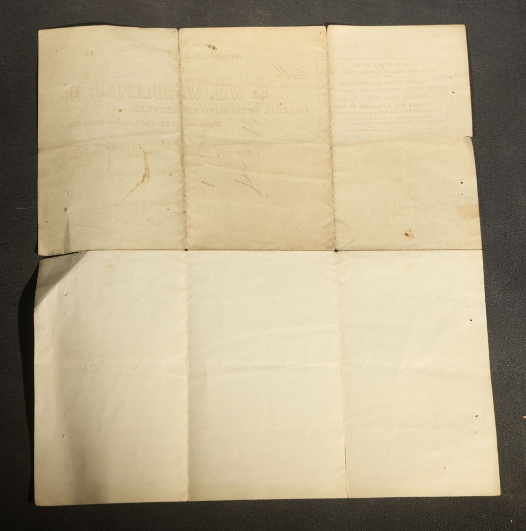 Trio of Antique Funeral and Burial Trade Receipts Including Wm. W. Hullfish General Furnishing Undertaker Newark, New Jersey, C. O. Tibbetts Superintendent of Burials Augusta, Maine, and L. Holbrook & Son Funeral Directors Whitman, Massachusetts