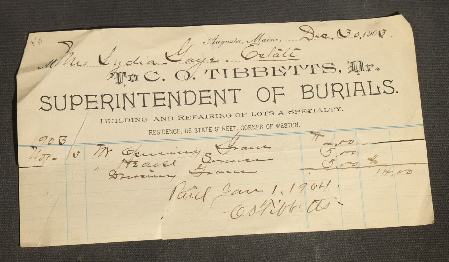 Trio of Antique Funeral and Burial Trade Receipts Including Wm. W. Hullfish General Furnishing Undertaker Newark, New Jersey, C. O. Tibbetts Superintendent of Burials Augusta, Maine, and L. Holbrook & Son Funeral Directors Whitman, Massachusetts