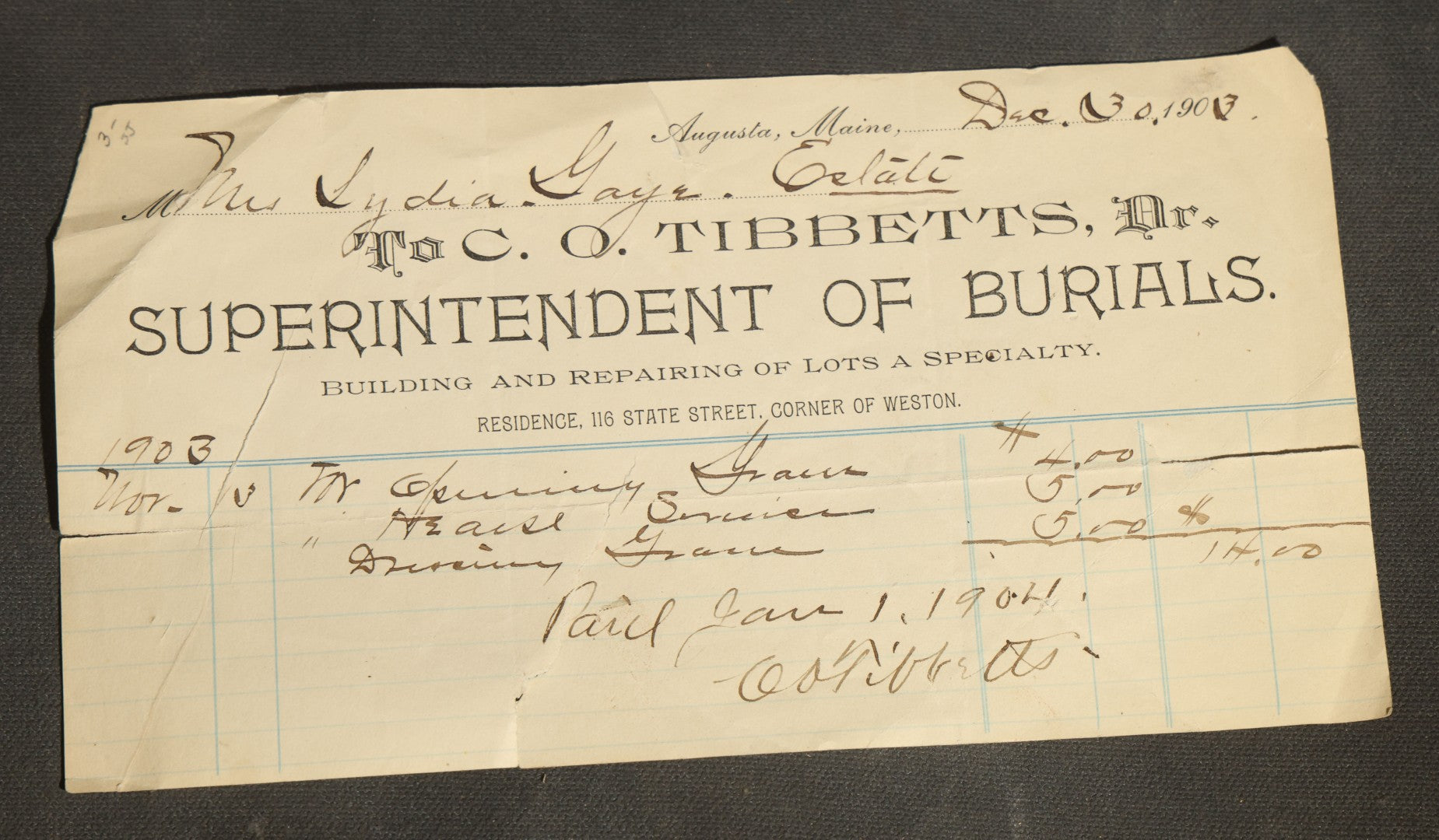Trio of Antique Funeral and Burial Trade Receipts Including Wm. W. Hullfish General Furnishing Undertaker Newark, New Jersey, C. O. Tibbetts Superintendent of Burials Augusta, Maine, and L. Holbrook & Son Funeral Directors Whitman, Massachusetts