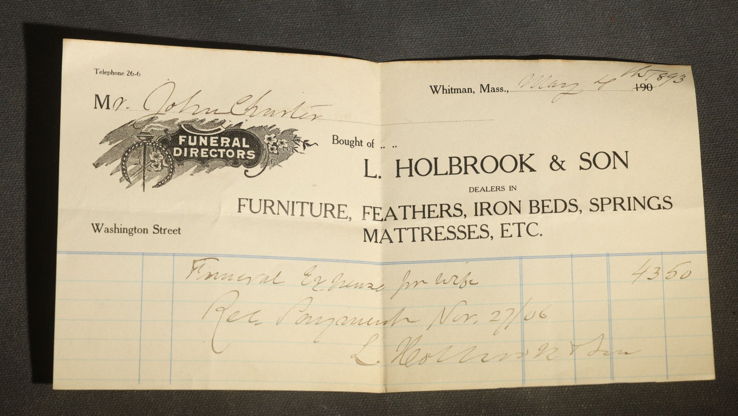 Trio of Antique Funeral and Burial Trade Receipts Including Wm. W. Hullfish General Furnishing Undertaker Newark, New Jersey, C. O. Tibbetts Superintendent of Burials Augusta, Maine, and L. Holbrook & Son Funeral Directors Whitman, Massachusetts