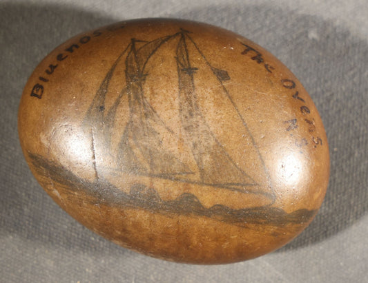 Antique Painted Souvenir Rock, Inscribed "Bluenose" And "The Ovens, N.S." With Drawn Sailing Vessel, Nova Scotia