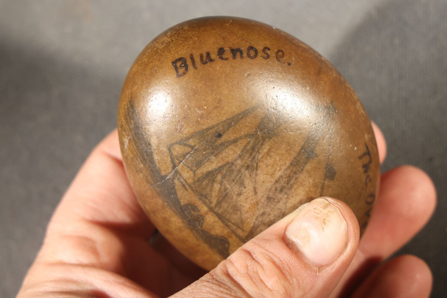 Antique Painted Souvenir Rock, Inscribed "Bluenose" And "The Ovens, N.S." With Drawn Sailing Vessel, Nova Scotia