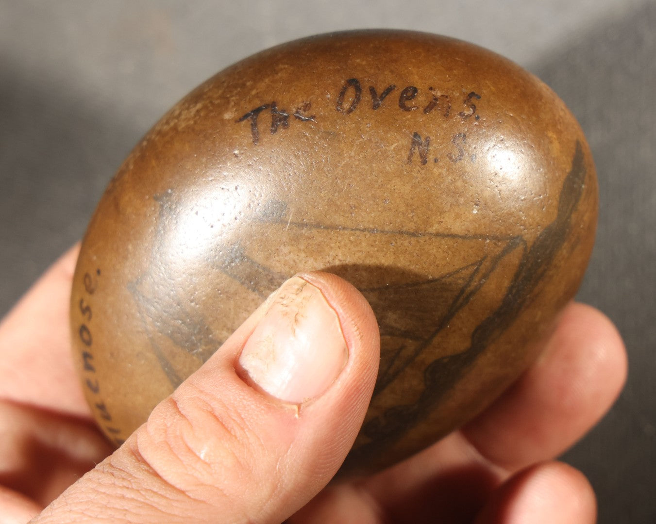 Antique Painted Souvenir Rock, Inscribed "Bluenose" And "The Ovens, N.S." With Drawn Sailing Vessel, Nova Scotia