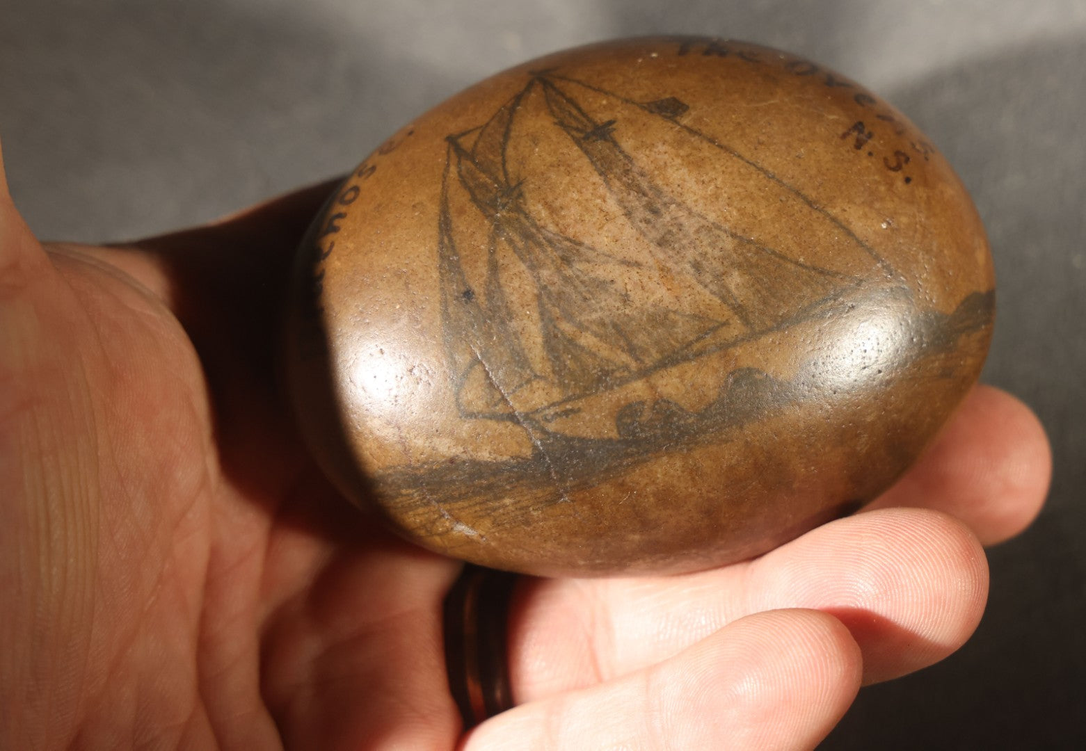 Antique Painted Souvenir Rock, Inscribed "Bluenose" And "The Ovens, N.S." With Drawn Sailing Vessel, Nova Scotia