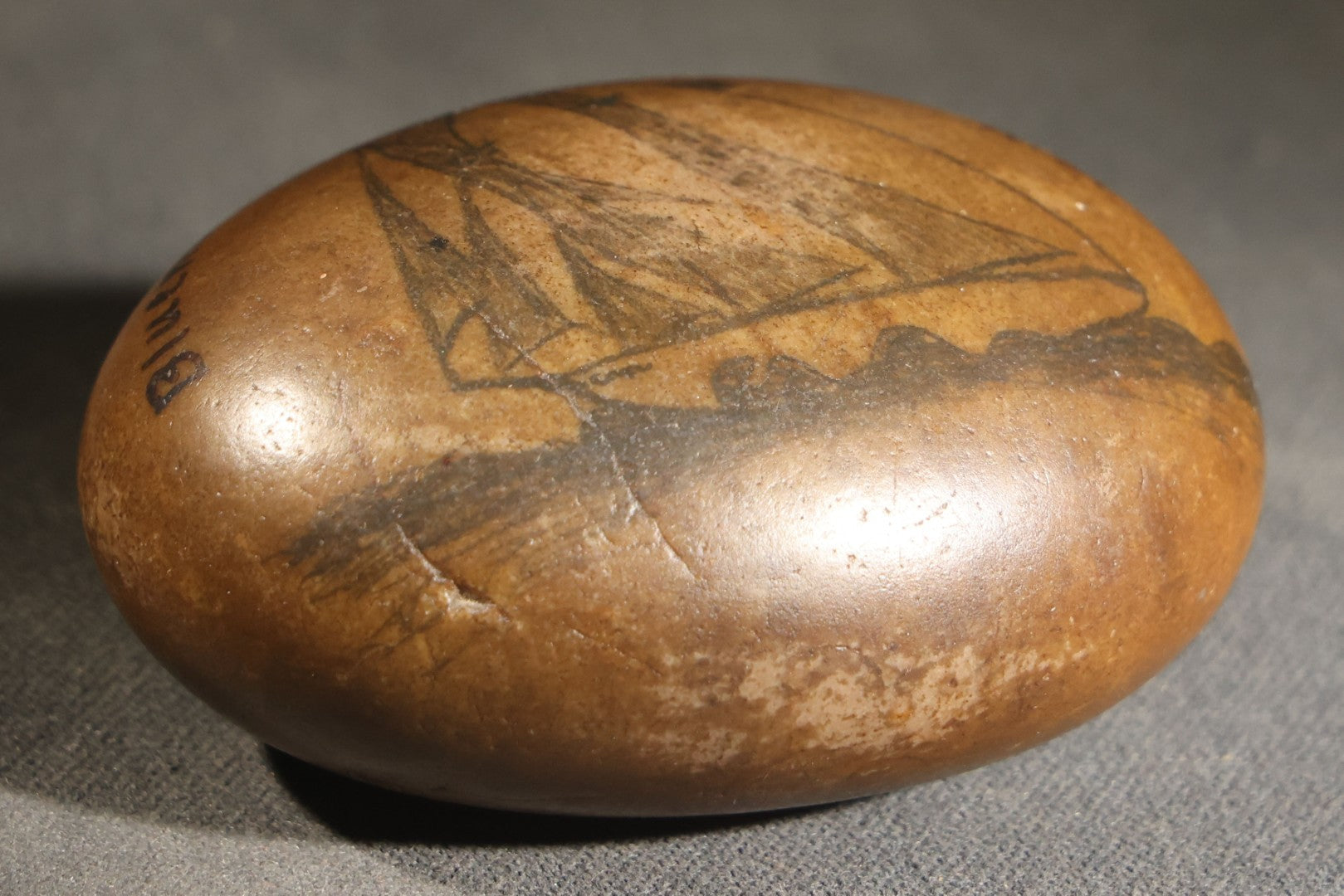 Antique Painted Souvenir Rock, Inscribed "Bluenose" And "The Ovens, N.S." With Drawn Sailing Vessel, Nova Scotia