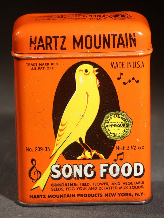 Vintage Hartz Mountain Song Food Canary Bird Feed Advertising Tin, Orange Ground with Yellow Canary Graphic, New York