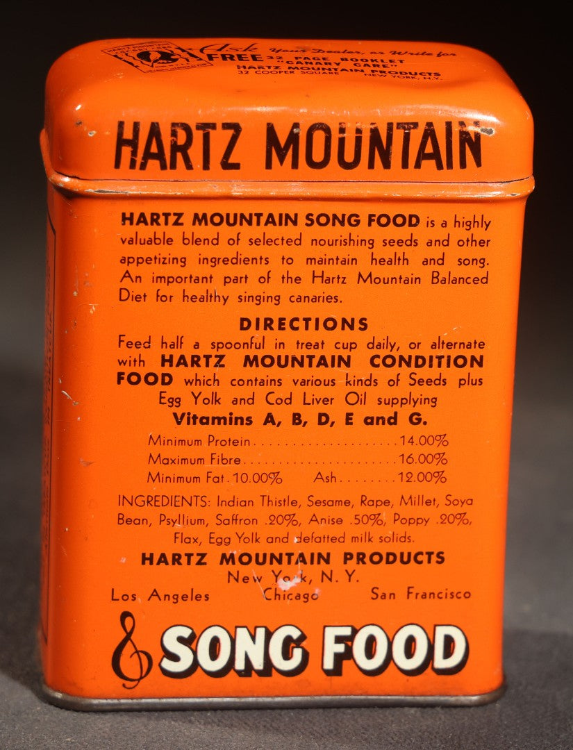 Vintage Hartz Mountain Song Food Canary Bird Feed Advertising Tin, Orange Ground with Yellow Canary Graphic, New York