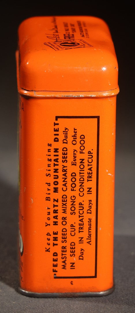 Vintage Hartz Mountain Song Food Canary Bird Feed Advertising Tin, Orange Ground with Yellow Canary Graphic, New York