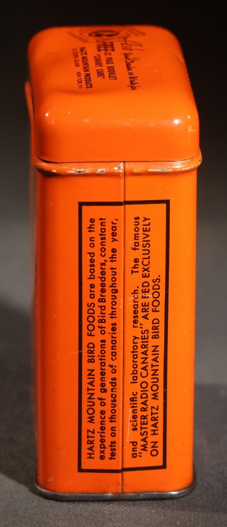 Vintage Hartz Mountain Song Food Canary Bird Feed Advertising Tin, Orange Ground with Yellow Canary Graphic, New York