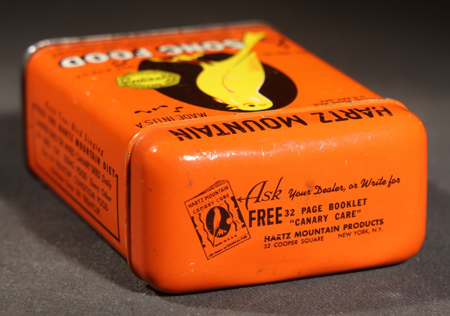 Vintage Hartz Mountain Song Food Canary Bird Feed Advertising Tin, Orange Ground with Yellow Canary Graphic, New York