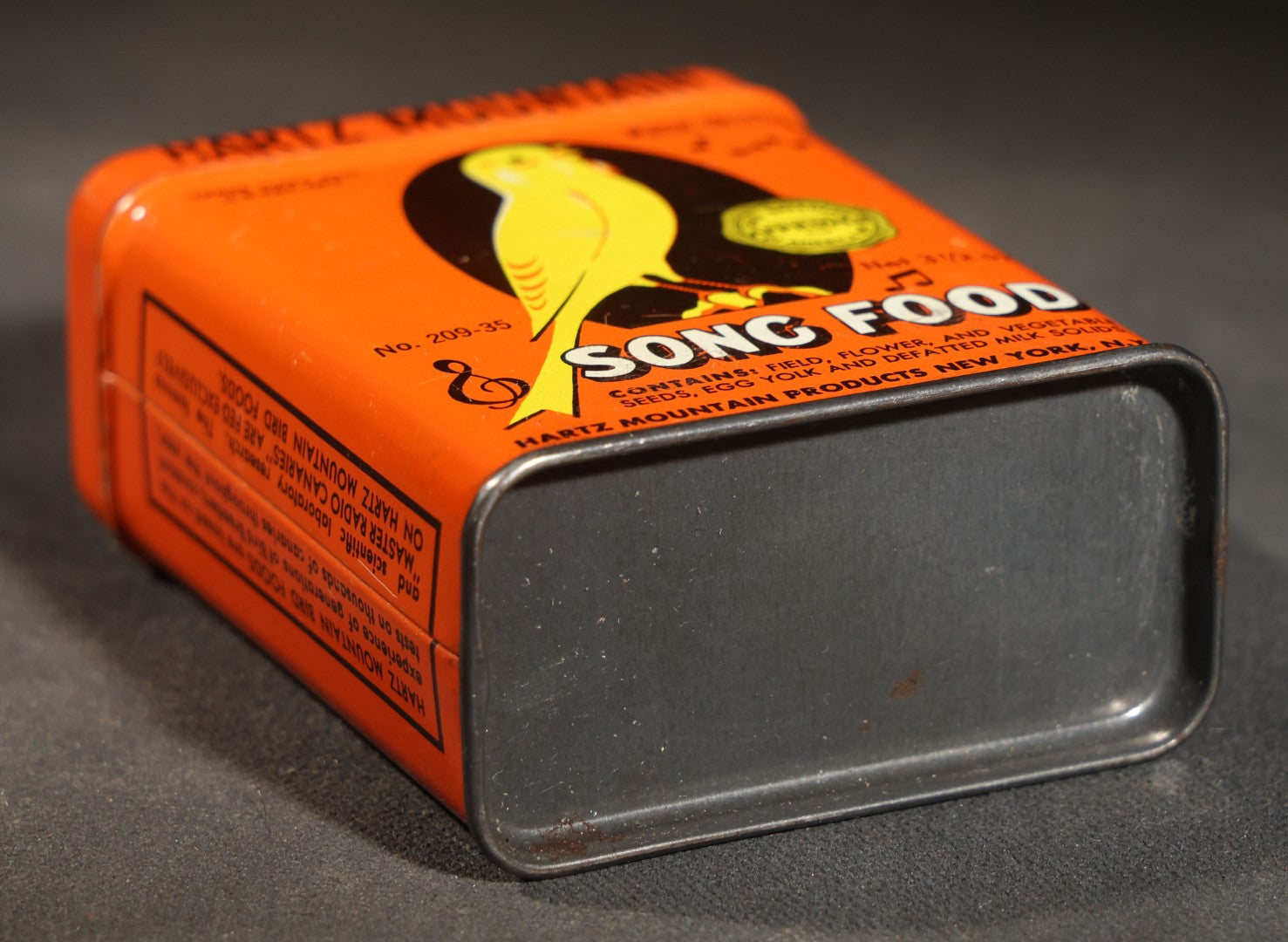 Vintage Hartz Mountain Song Food Canary Bird Feed Advertising Tin, Orange Ground with Yellow Canary Graphic, New York