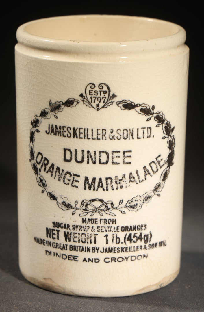 Antique James Keiller & Son Ltd. Dundee Orange Marmalade Stoneware Advertising Jar, Made in England