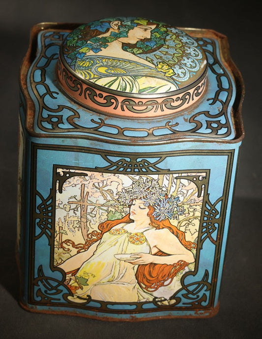 Antique Art Nouveau Lithographed Tea Tin with Four Seasons Figural Panels After Alphonse Mucha, Blue Ground with Domed Lid, Note Heavy Rust to Base