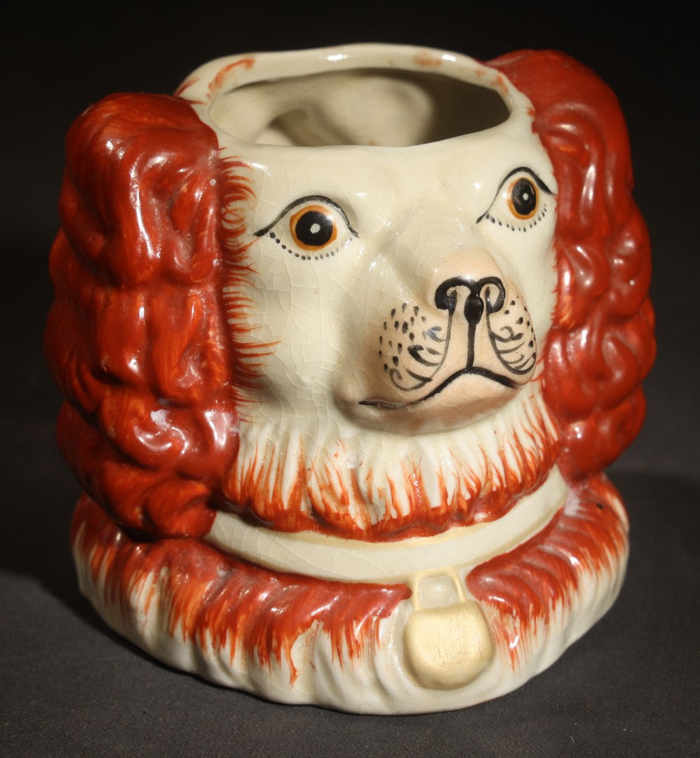 Vintage Staffordshire-Style Spaniel Double-Sided Dog Head Figural Ceramic Tobacco or Biscuit Jar, Red and White with Collar and Medallion, Lid Missing