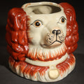 Lot 031 - Vintage Staffordshire-Style Spaniel Double-Sided Dog Head Figural Ceramic Tobacco or Biscuit Jar, Red and White with Collar and Medallion, Lid Missing, 4-1/4" H