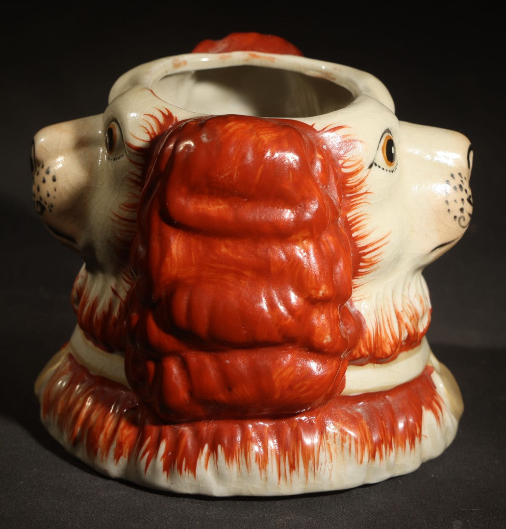 Vintage Staffordshire-Style Spaniel Double-Sided Dog Head Figural Ceramic Tobacco or Biscuit Jar, Red and White with Collar and Medallion, Lid Missing