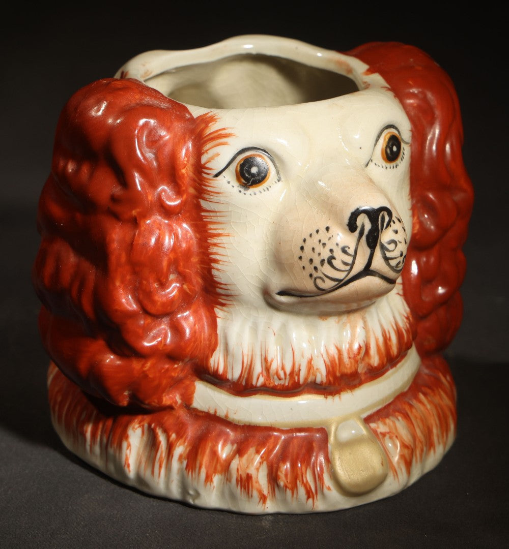 Vintage Staffordshire-Style Spaniel Double-Sided Dog Head Figural Ceramic Tobacco or Biscuit Jar, Red and White with Collar and Medallion, Lid Missing