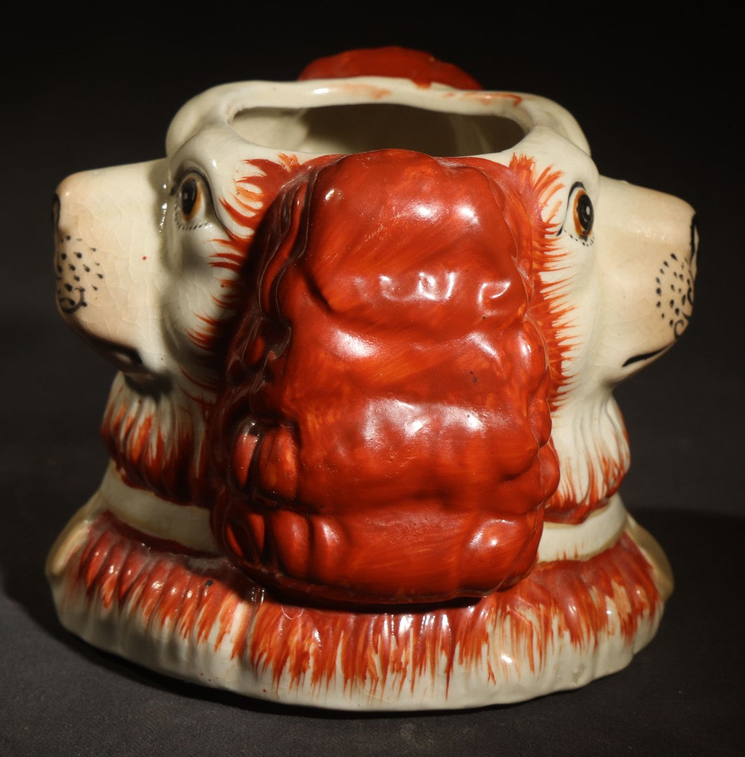 Vintage Staffordshire-Style Spaniel Double-Sided Dog Head Figural Ceramic Tobacco or Biscuit Jar, Red and White with Collar and Medallion, Lid Missing