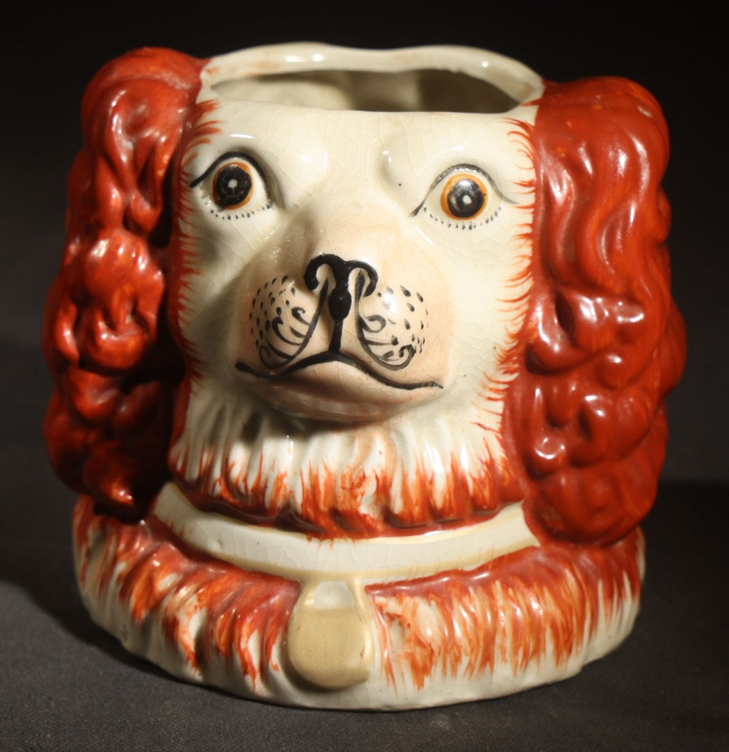 Vintage Staffordshire-Style Spaniel Double-Sided Dog Head Figural Ceramic Tobacco or Biscuit Jar, Red and White with Collar and Medallion, Lid Missing