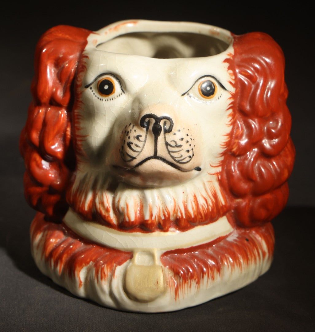 Vintage Staffordshire-Style Spaniel Double-Sided Dog Head Figural Ceramic Tobacco or Biscuit Jar, Red and White with Collar and Medallion, Lid Missing