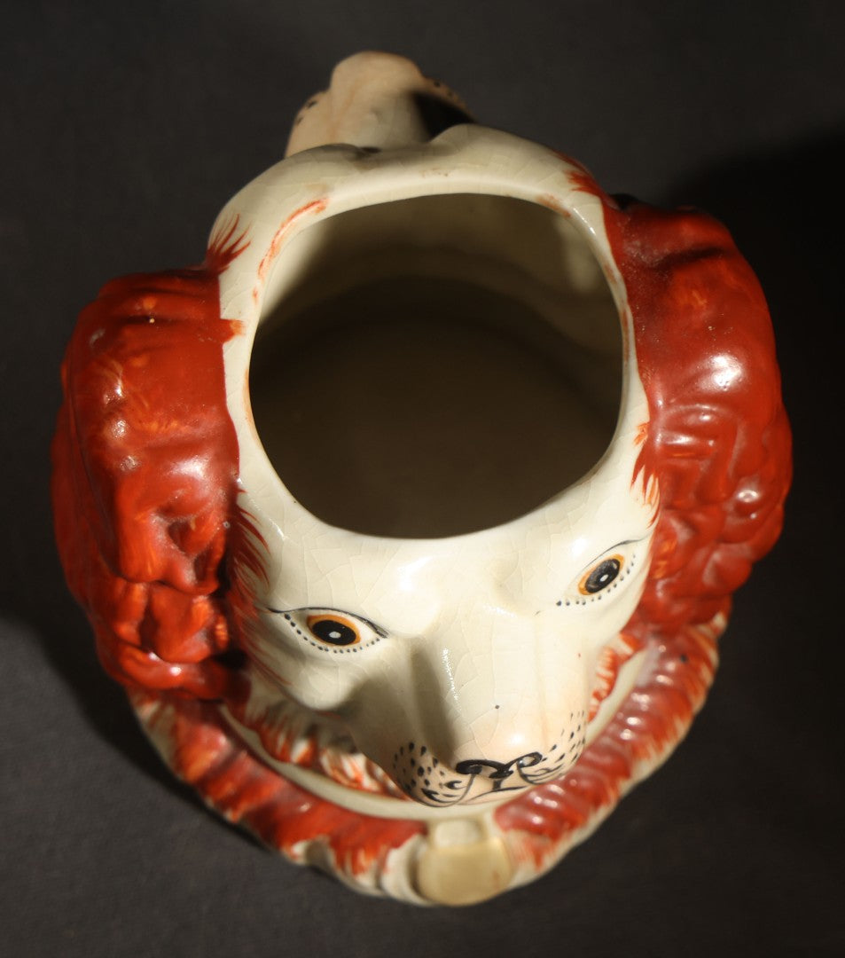 Vintage Staffordshire-Style Spaniel Double-Sided Dog Head Figural Ceramic Tobacco or Biscuit Jar, Red and White with Collar and Medallion, Lid Missing